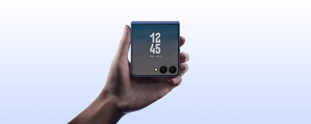 Samsung Galaxy Z Flip 7 open and closed, showcasing Flex Window and main display