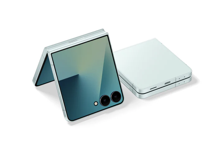 Samsung Galaxy Z Flip 7 open and closed, showcasing Flex Window and main display